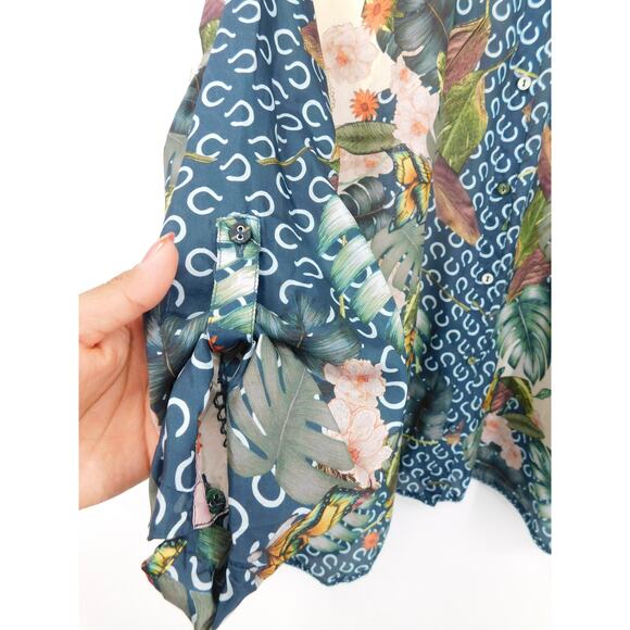 Johnny‎ Was Abina Blouse Size XS Oversized Tropical Bird Floral 100% Silk Blue - Picture 3 of 5